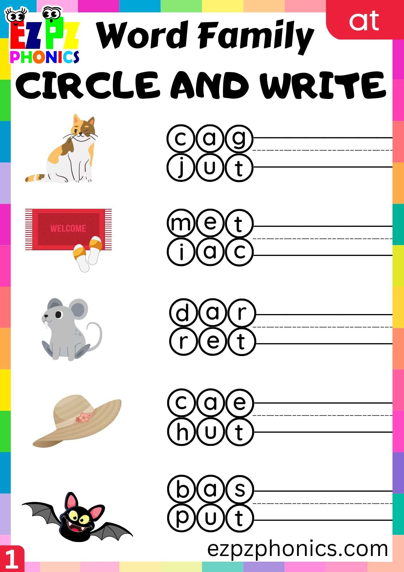 AT Words Circle And Write Phonics Word Families Worksheet